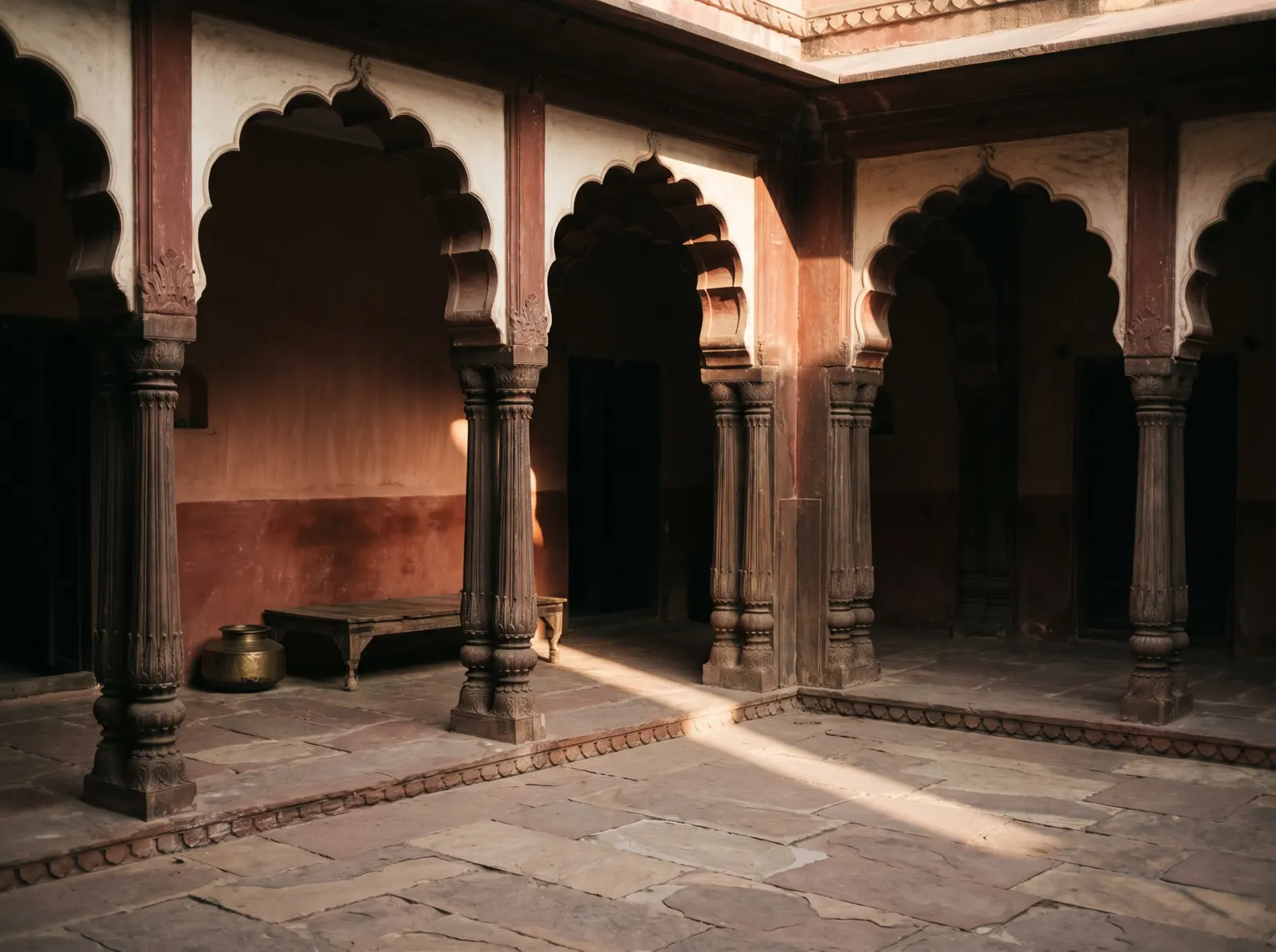 A courtyard arcade with scalloped arches and carved columns, with a shaft of afternoon light.