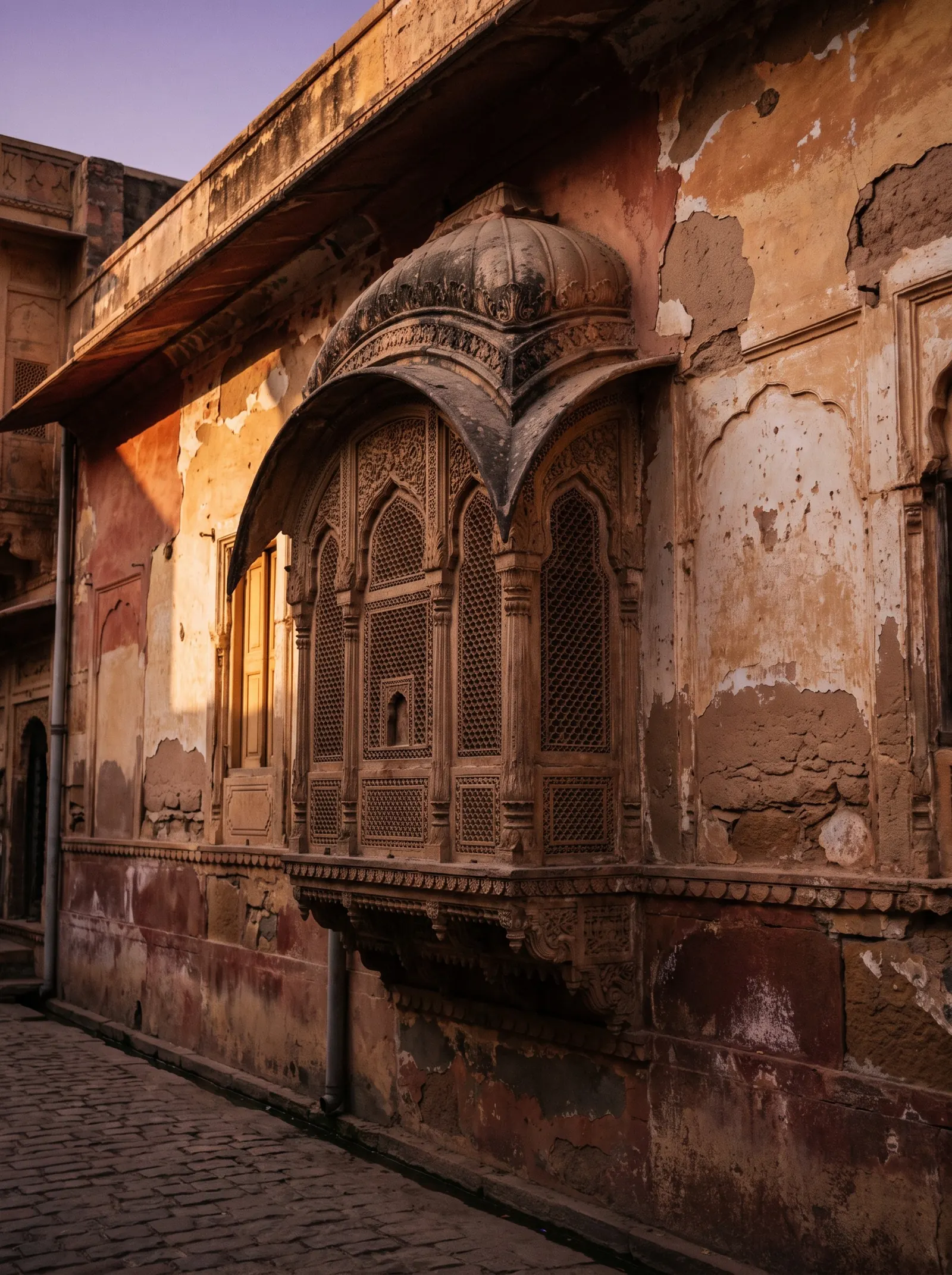 A carved sandstone window balcony with fine lattice screens on a weathered old-city wall.