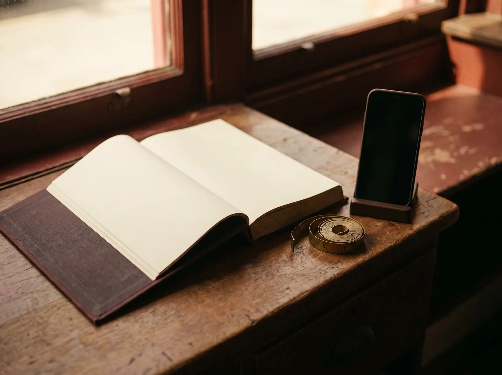 An open ledger, a brass tape measure and a phone on a worn wooden shop counter by a window.