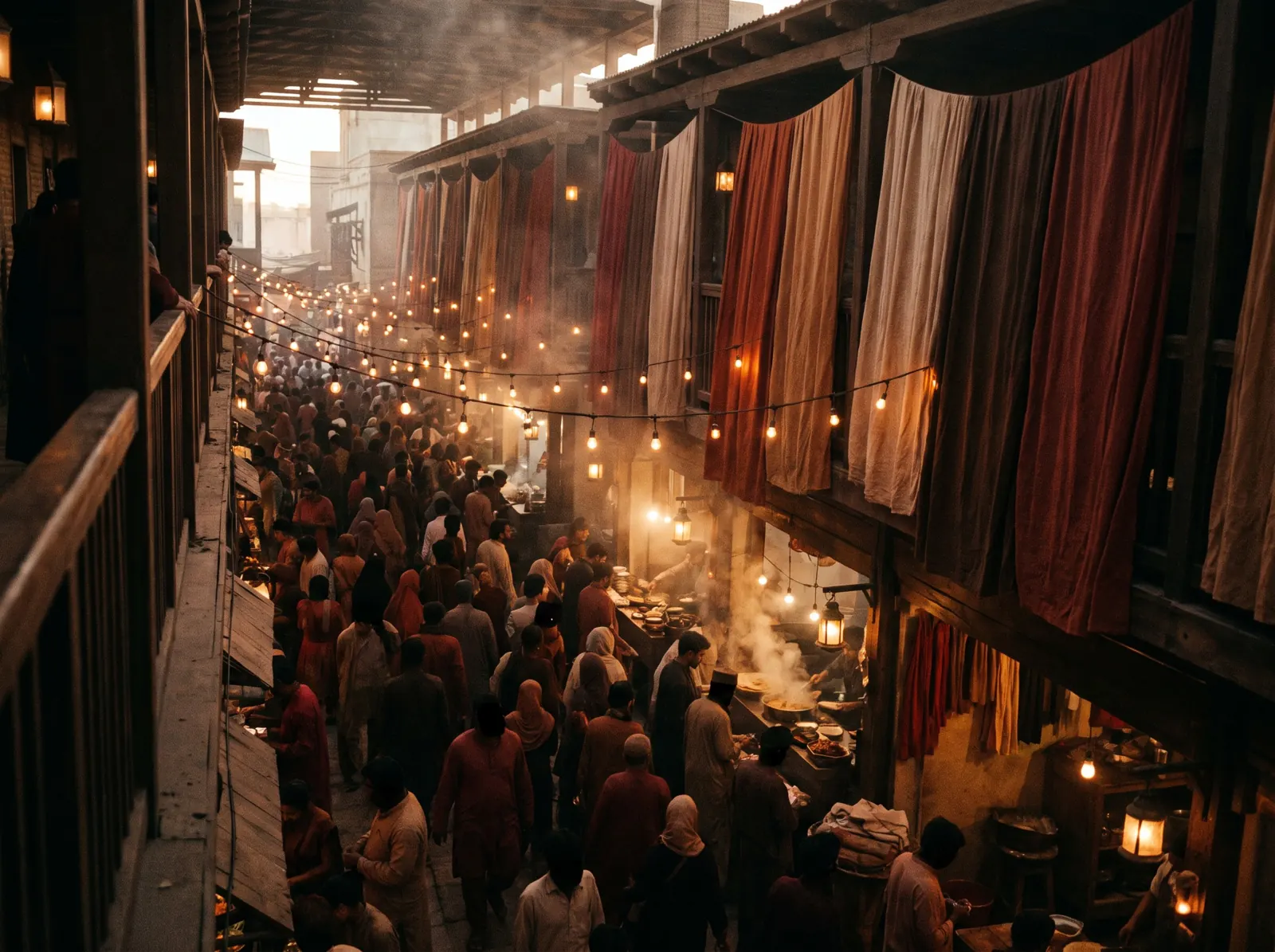 A covered market lane at dusk, hung with lengths of cloth and lit by strings of lamps.