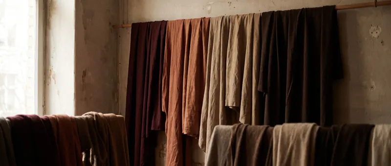 Lengths of hand-dyed cloth in oxblood, terracotta and ivory hanging side by side on a rail.