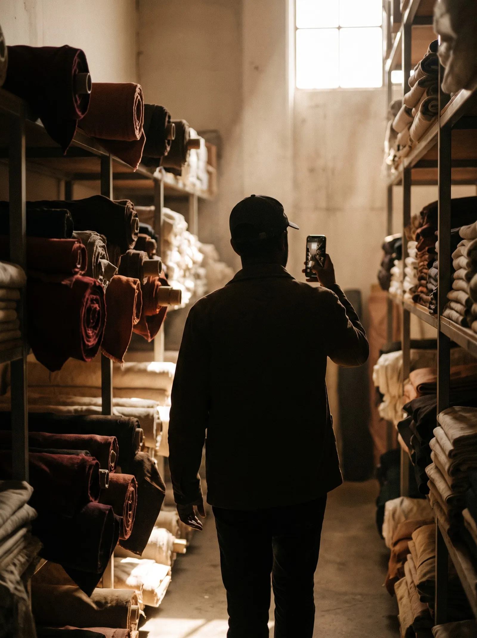 A shopper seen from behind, filming a narrow aisle of folded fabric on shelves.